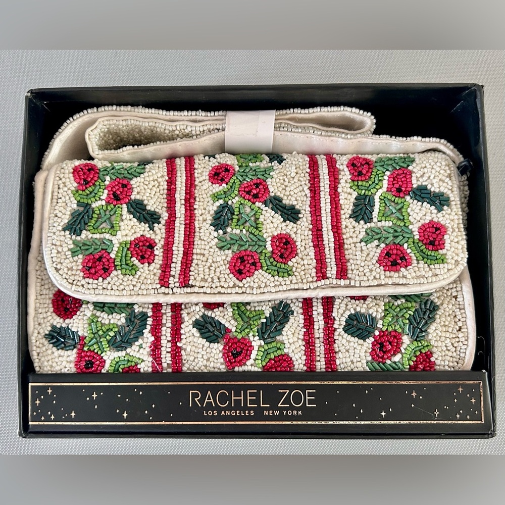 Rachel Zoe Holly Berry Beaded Holiday Shoulder Bag White Green Red New